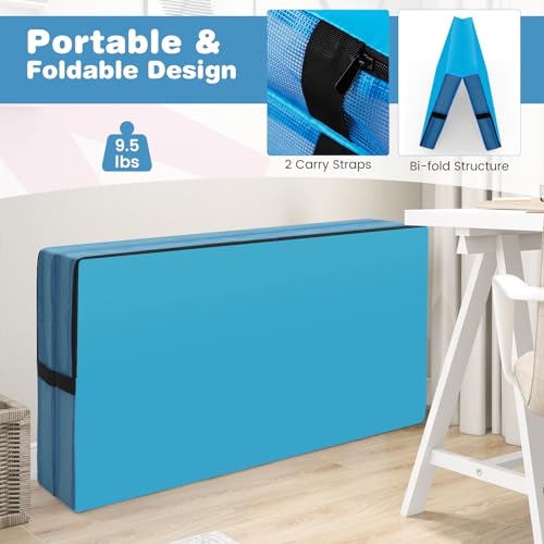 Goplus 4" Thick Folding Gymnastic Mat, Thickened Bi-Fold Fitness Mat with Carrying Handles & PU Leather Cover, Home Gym Tumbling Mat for Stretching, Pilates, Aerobics Workouts - color: Blue