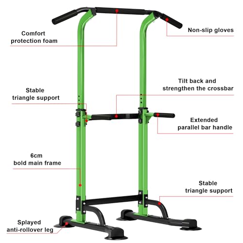 SogesHome Multi-Function Power Tower Pull Up Bar Dip Station for Home Gym | Height Adjustable PullUp Dip Stand, Full Body Strength Training Equipment, Fitness Workout for Push Ups Dips, 330LB Capacity - color: Green
