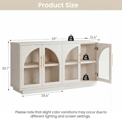 Fatmok 59" Buffet Cabinet with Glass Doors, Modern Arched Sideboard with Large Storage and Adjustable Shelves, Accent Console Credenza for Dining Room, Living Room, Entryway, White Wood Grain - color: B-white Wood Grain