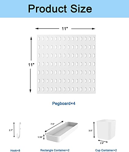 Pegboard Accessories Combination Wall Organizer Kit,Pegboard Shelf for Bedroom,Study,Office,Bathroom,Pegboard Bins with 4 Pieces Pegboards and 12 Accessories,22"x22",White