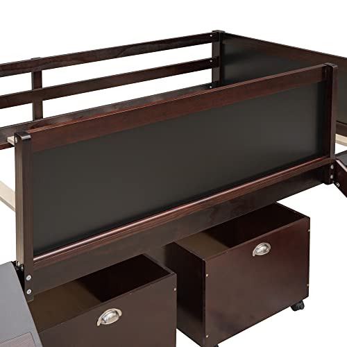 Twin Size Low Loft Bed with Climbing Rope and Double-Sided Chalkboard, Kid's Play Bed with Two Toy Storage Boxes for Bedroom (Espresso)