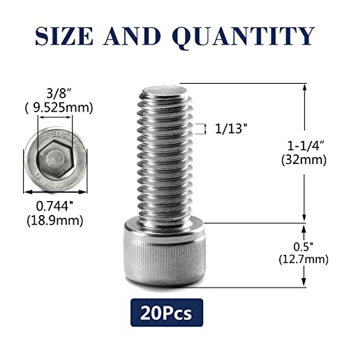 1/2-13 x 1-1/4" Socket Head Cap Screws Bolts, 20Pcs 304 Stainless Steel 18-8, Allen Socket Hex Drive, Full Thread, Bright Finish by SG TZH(with Hex Spanner) - size: 1/2-13 x 1-1/4"