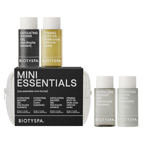 biotyspa Mini Essentials - Organic Body Care Kit with Firming Oil, Hydrating Lotion & Shower Gels (30ml Each) - Waterproof Bag, Vegan, Made in Australia - 4pc Set - size: Mini Essentials