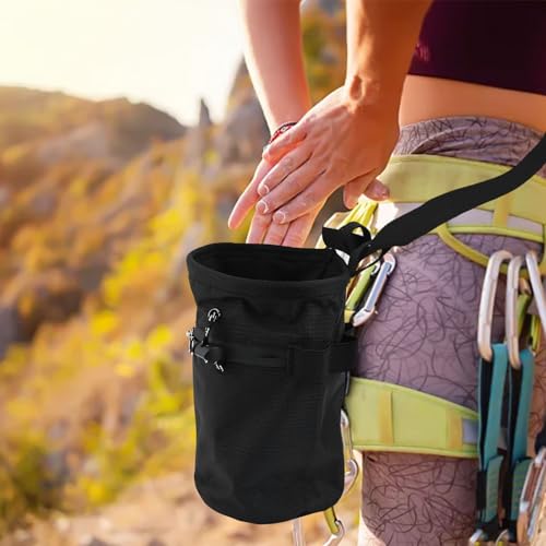 Climbing Chalk Bag with Drawstring Closure Nylon Gymnastics Powder Bucket for Rock Climbing Weightlifting Bouldering Adjustable Waist Belt and Carabiner(Black) - size: Black
