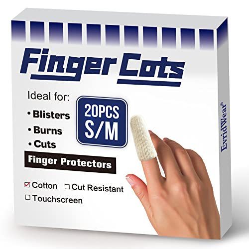 Evridwear 20PCS Cotton Finger Cots for Eczema, Cracked Skin, Calluses | Cotton Cushion Finger Covers Cot Sleeves Fingertips Protect for Men & Women,S/M - size: 20 Count (Pack of 1)