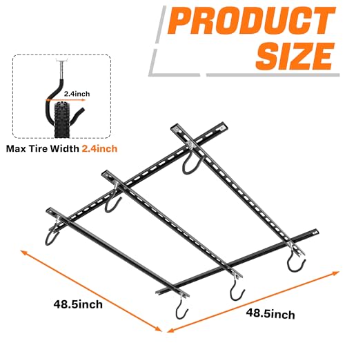 TORACK Ceiling Bike Rack for Garage, Ceiling-Mounted Bicycle Storage Hooks for 3 Bikes (Horizontal) or 6 Bikes (Vertical), Adjustable Overhead Bicycle Hooks for Mountain, Road Bike - style: 3 bikes horizontal
