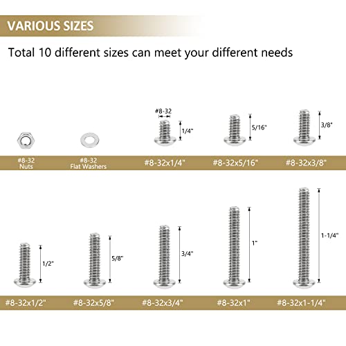 212 Pieces #8-32 x 1/4", 5/16", 3/8", 1/2", 5/8", 3/4", 1", 1-1/4", Button Head Socket Cap Screws Nuts Washers Assortment Kit, 304 Stainless Steel, Fully Machine Thread - size: #8-32, style: Button Head