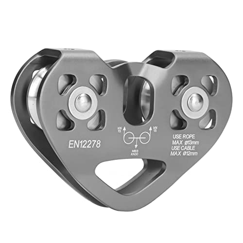 Tandem Speed Double Pulley, 25KN Pulley Climbing Pulley Pulley Aluminum Fixed Rope Pulley Zipline Trolley for Climbing Lifting Hauling Rigging (Gray)