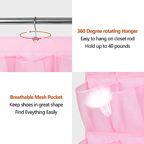 MISSLO 30 Large Pockets Dual Sided Hanging Shoe Organizer for Closet with Rotating Hanger Hanging Shoe Shelves, Pink - color: Pink