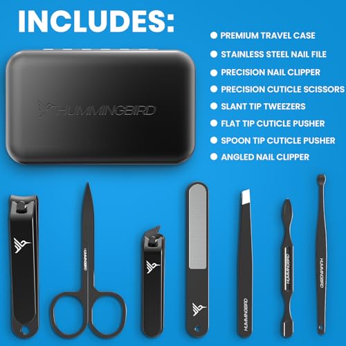 HUMMINGBIRD Manicure Kit for Men, 7 Piece Stainless Steel Mens Nail Grooming Kit with Travel Case, Includes Mens Nail Clippers Set, Nail File, Slant Tip Tweezers, Cuticle Scissors, Nail Care Tools