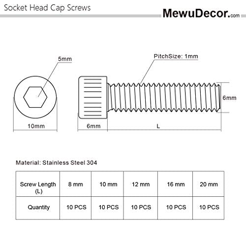 50 PCS Socket Head Cap Screw Assortment Set, M6 x 8mm, 10mm, 12mm, 16mm, and 20mm, Stainless Steel 304, Bright Finish - size: Assortment 8mm to 20mm