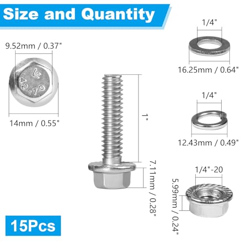 15 Sets 1/4-20 x 1 Flanged Hex Head Bolts Kits, 1/4-20 Flange Hexagon Screws and Nuts,Flat & Spring Lock Washers, 304 Stainless Steel 18-8,Fully Threaded - size: 1/4-20 x 1"