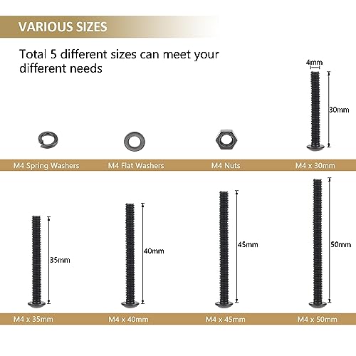 202 Pieces Black M4 x 30/35 /40/45 /50 mm Button Head Socket Cap Screws Nuts Washers Assortment Kit, 10.9 Grade Alloy Steel - size: M4 x 30/35/40/45/50mm, style: Button Head