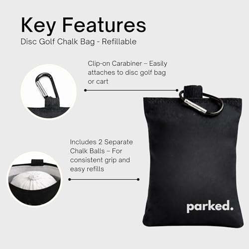 Refillable Disc Golf Chalk Bag with Carabiner, 2 Chalk Balls Included – Grip Bag for Dry Hands & Consistent Release, Frisbee Golf Accessory - style: Parked. – Black