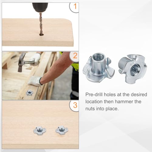 HARFINGTON M6x11mm T-Nuts 4 Pronged Tee Nut 0.69" x 0.43" Fully Thread Carbon Steel Inserts for Wood, Rock Climbing Holds, Cabinetry, Furniture 100pcs - size: M6x11mm, 17.5mm