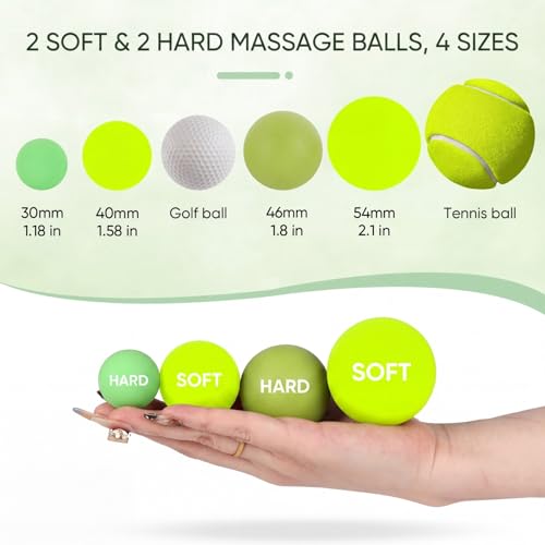 2 Soft & 2 Hard Massage Lacrosse Balls (4 Sizes) for Myofascial Release – Small Pressure Point & Mobility Therapy Balls for Hand, Foot & Neck – Mini Fascia Yoga Massager for Travel