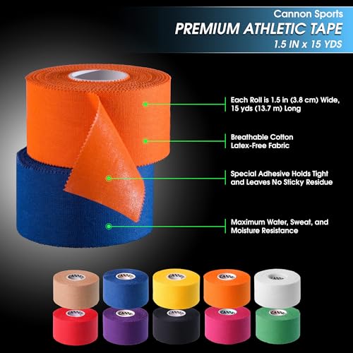 Cannon Sports Premium Athletic Tape - 1.5” x 45 Feet Per Roll - Easy Tear, No Sticky Residue, Very Strong, Hypoallergenic and Latex Free - Ideal for Sprains, Strains, First Aid - Pack of 3 (White) - color: White