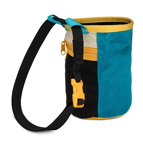 Oso Supply Co - Waxed Canvas Chalk Bag - Zipper Pocket & Mesh Pouch for Bouldering, Rock Climbing, Gym, Weightlifting – Water-Resistant, Adjustable Belt, Wide Opening - color: Blue / Gold