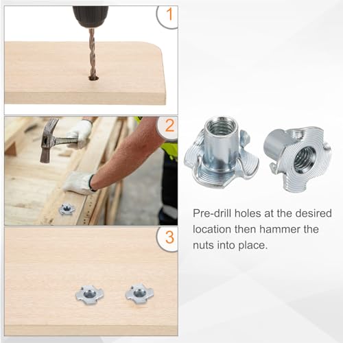 HARFINGTON M6x12mm T-Nuts 4 Pronged Tee Nut 0.69" x 0.47" Fully Thread Carbon Steel Inserts for Wood, Rock Climbing Holds, Cabinetry, Furniture 100pcs - size: M6x12mm, 17.5mm