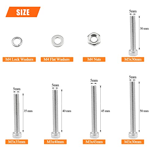 HELIFOUNER 110 Pieces M5 x 30mm /35mm /40mm /45mm /50mm, Hex Socket Head Cap Metric Screws Bolts Washers Nuts Kit, 304 Stainless Steel - size: M5 x 30/35/40/45/50mm