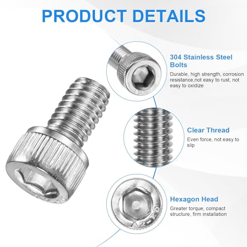 M METERXITY 20-Pack M6 x 10mm Socket Head Cap Screws, 304 Stainless Steel Hex Machine Bolts, Allen Socket Drive Screw with Hex Wrench for Repair/DIY, Fully Threaded Fasteners Kit [Silver] - size: M6 x 10mm