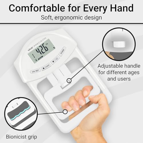 Vive Precision Grip Strength Tester - Hand Grip Dynamometer - Handheld | Digital Grip Measurement Meter Device Trainer Power 198 Lbs / 90 Kgs - Strengthener Exerciser for Sports, School and Home Use