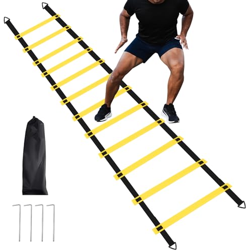 12 Rungs Agility Ladder Set, Training Ladder with Steel Stakes and Carry Bag for Soccer, Speed Fitness Feet Training - color: 1 Pack-Yellow