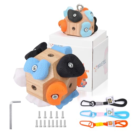 Boulder Block – 12 Solid Resin Climbing Holds on Wood Base, Portable Finger Strength Trainer for Bouldering, Climbing Grip Strengthener with Lanyard