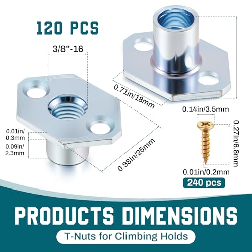 120 Pack 3/8"-16 Screw-in T-Nuts for Climbing Holds with 240 Screws, Industrial 2-Hole Tee Nuts for Climbing Wall, Removable & Reusable Zinc-Plated Steel T Nuts for 3/4" Plywood or Thicker