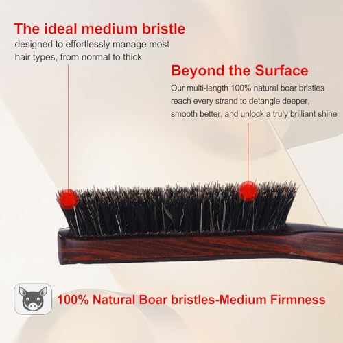 PERFEHAIR Slick Back Hair Brush for Women, Men | Natural Medium Boar Bristle Smoothing Hair Brush for Thin & Fine Hair | Achieve Sleek, Shine, Polished Styles & Tame Flyaways