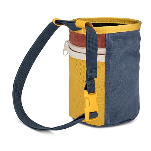 Oso Supply Co - Waxed Canvas Chalk Bag - Zipper Pocket & Mesh Pouch for Bouldering, Rock Climbing, Gym, Weightlifting – Water-Resistant, Adjustable Belt, Wide Opening - color: Canyon Red / Denim Blue / Gold