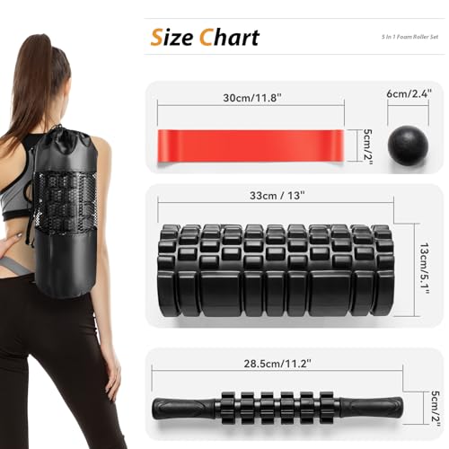 SUBCULTUREPICK 5 in1 Foam Roller Set, Trigger Point Foam Roller Deep Tissue | Massage Roller Stick, Massage Ball, Resistance Band for Physical Therapy, Pilates Yoga,Fitness Exercise for Whole Body Black - color: Black-red