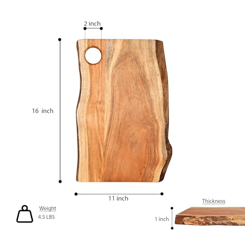 GoCraft Acacia Wood Live Edge Cutting Board – 16 x 11 Inch – with Hole for Hanging | Rustic Rectangular Wooden Chopping Board | Charcuterie Cheese Tray | Food Serving Platter | Farmhouse Décor - size: 16"L x 11"W