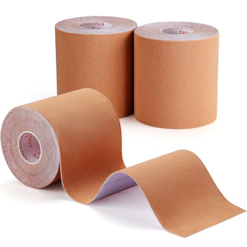 3 Rolls Kinesiology Tape, Waterproof, 3in x 5.5yd, Beige | Waterproof & Sweat-Resistant, Breathable Latex-Free Cotton, For Shoulder, Knee, Fit Sports, Workouts & Active Training - color: Beige 3in