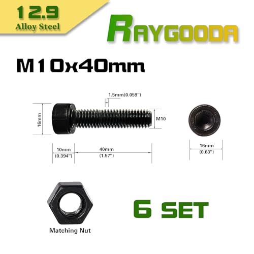 M10-1.5x40 Socket Head Cap Screw and Nut Kit 6set, Grade 12.9 Alloy Steel, Black Oxide Finish, Full Thread, High Tensile Strength for Automotive, Machinery & Heavy Duty Use - size: M10x40mm(6 Sets）