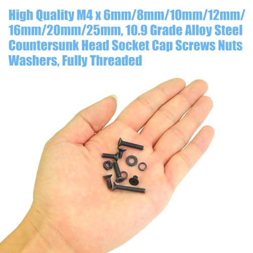 DYWISHKEY 386 Pieces M4 Black Screws, 10.9 Grade Alloy Steel M4x 6/8 /10/12 /16/20 /25mm Countersunk Head Socket Cap Screws Bolts Nuts Washers Assortment Kit - size: M4, style: Countersunk Head Socket Cap