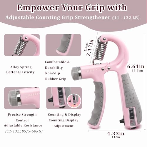 Grip Strength Trainer Kit Adjustable 10-132Lbs Hand Exerciser Counter | Forearm Strengthener, Finger Stretcher, Stress Ball and Bag for Grip Recovery, Wrist Training, Rehab, Climbers and Musicians - color: Pink