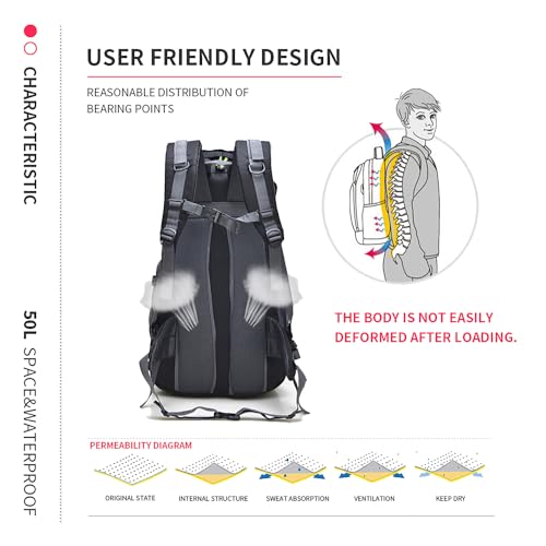 Bseash 50L Hiking Backpack, Water Resistant Lightweight Outdoor Sport Daypack Travel Bag for Camping Climbing Skiing Cycling (Navy Blue - With Shoe Compartment) - color: Navy Blue - With Shoe Compartment