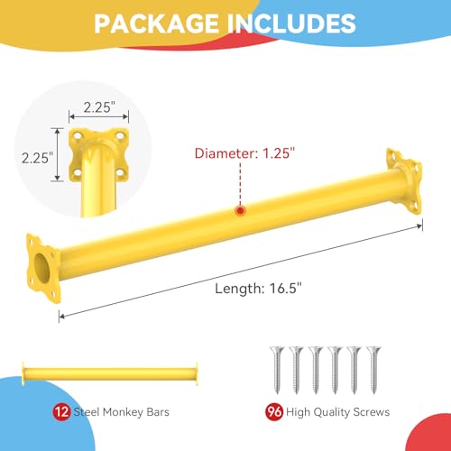 16.5 Inch Monkey Bars Kit Monkey Bar Ladder Rungs (Yellow, 12 Pcs) | Indoor Outdoor Metal Monkey Bars for Backyard - color: Yellow