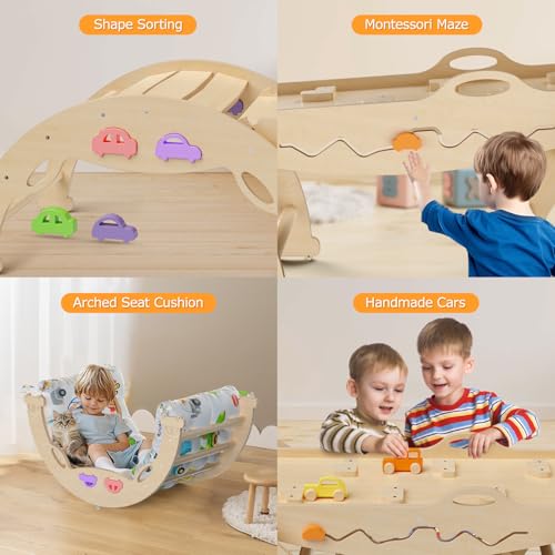 Pikler Triangle Set with Cushion 9 in 1 Foldable Montessori Climbing Toys for Toddlers 1-3 Indoor Wooden Kids Playground Baby Climbing with Maze Toys, Shape Sorter Toys, Car