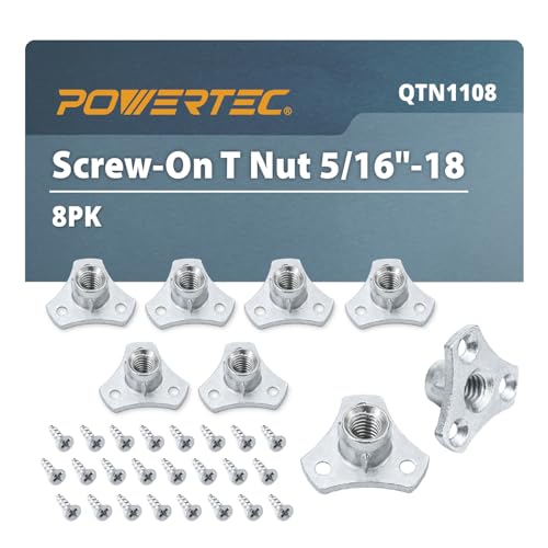 POWERTEC 5/16-18 T Nuts, 8 Pcs | Screw-On Tee Nuts for Bolts and Stem Caster Wheels – Threaded Inserts for Wood Working, Rock Climbing Holds and Furniture | 1/2" Length (QTN1108) - size: 5/16", style: Screw On T-Nuts, 8 Pack