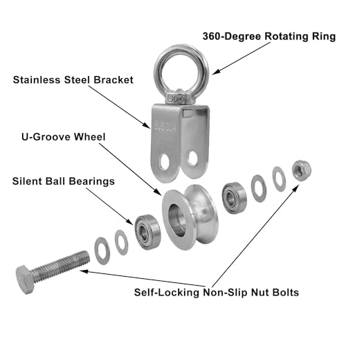 2 Inch U-Type Pulleys for Rope, Stainless Steel M10 Swivel Pulley Block with Bearing, U-Groove Roller Single Pulley Wheel for Pulley System Lifting Gym Equipment Cable Traction Wheels 1 Pack