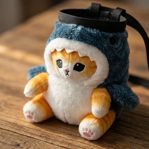 Cat Rock Climbing Chalk Bag, Fun Plush Animal Chalk Pouch with Drawstring, Adjustable Waist Belt for Indoor Outdoor Bouldering Sport Climbing - style: Small Yelllw Shark Cat