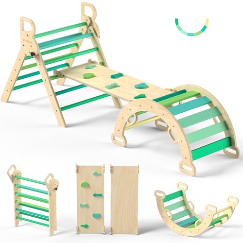 BlueWood Pikler Triangle Set, Toddler Climbing Toys Indoor 7in1 Foldable | Wooden Climber for Kids, Montessori Philosophy Play Jungle Gym with Arch, Ramp, Ladder (Green Summer) - color: Green Summer