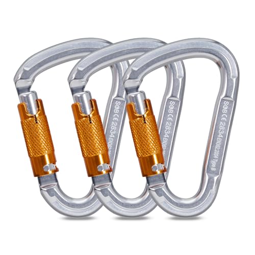 Auto Locking Rock Climbing Carabiner Clips, Heavy Duty Asymmetrical Carabiner Connector Used for Rappelling Rescue Outdoor Climbing, Mountaineer, Hammock, Camping - color: 25KN（3pack）