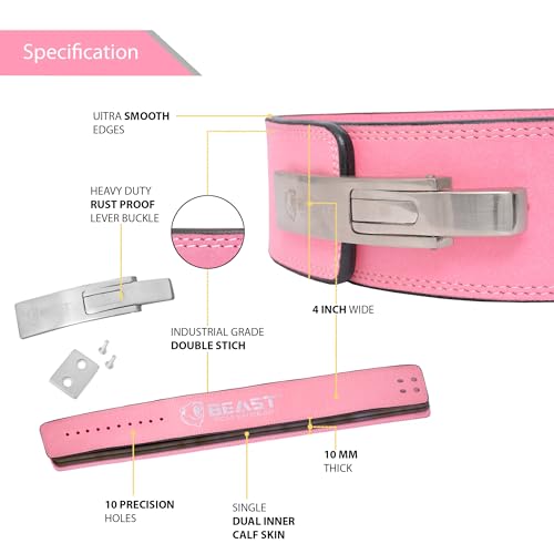 Beast Power Gear Weight Lifting Belt Lever Buckle 10MM 13MM Thick & 4 Inches Free Strap Weightlifting, Powerlifting, Deadlifts, Squats Men Women - color: Solid Pink, size: Large