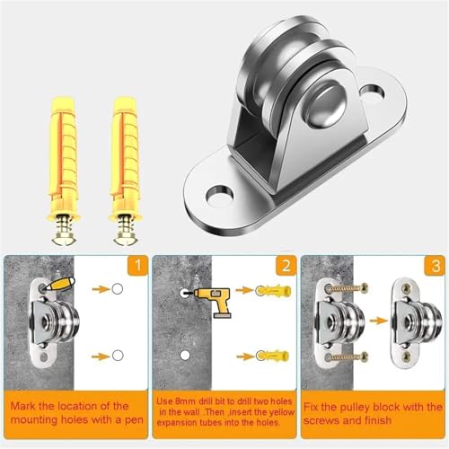 U Groove Stainless Steel Wall Pulley 6PC Heavy Duty Fixed Pulley with Mounting Screws and Expansion Pulley Block Kit Wall-Mounted Pulley Detachable Loading 176 Lb