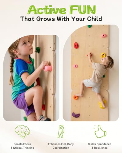 noblequest Wooden Rock Climbing Wall for Kids, Indoor Climbing Wall Panels with 12 PP Rock Holds, Customizable Routes Climbing Toy for Playroom Home Gym, Adjustable for 3+ Years