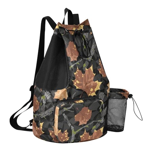 Drawstring Climbing Gym Bag With Pockets Drawstring Bags For Men Women with Wet Dry Compartments Camouflage Maple Leaf Branch Brown Black
