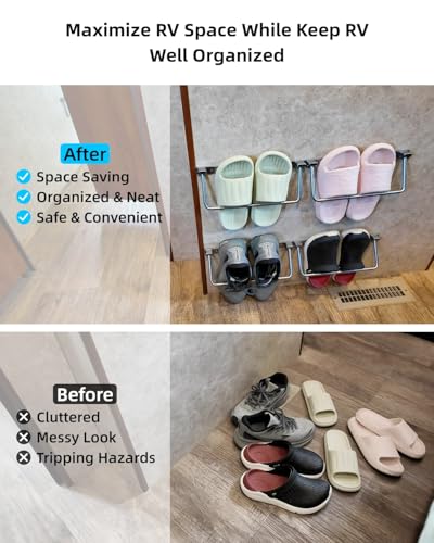 Foldable RV Shoe Rack Aluminum Wall Mounted Shoe Storage Solution | Orgainze Shoes Off Floor Reduce Clutter in Tight Camper Van, Slim Space Saver for Bedside/ Closet/ Trailer Entryway, 4 Pack